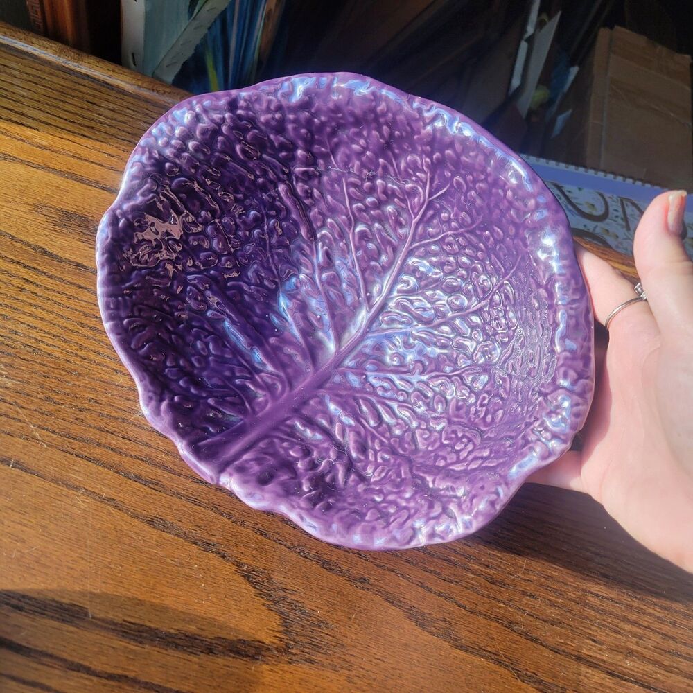 Vtg Purple Cabbage Bowl Large 10.5" wide oval handmade ceramic glossy footed